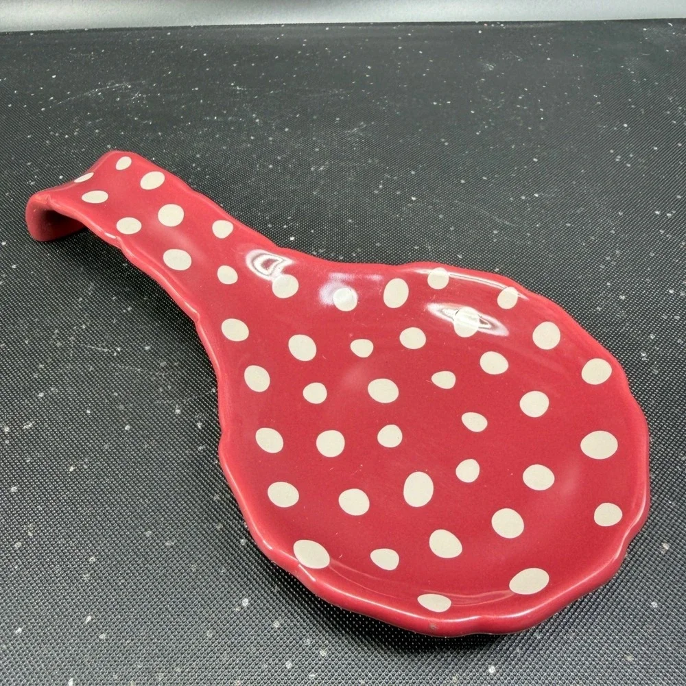 The Pioneer Woman Burgundy Polka Dot Ceramic Spoon Rest Scalloped Edge Stoneware